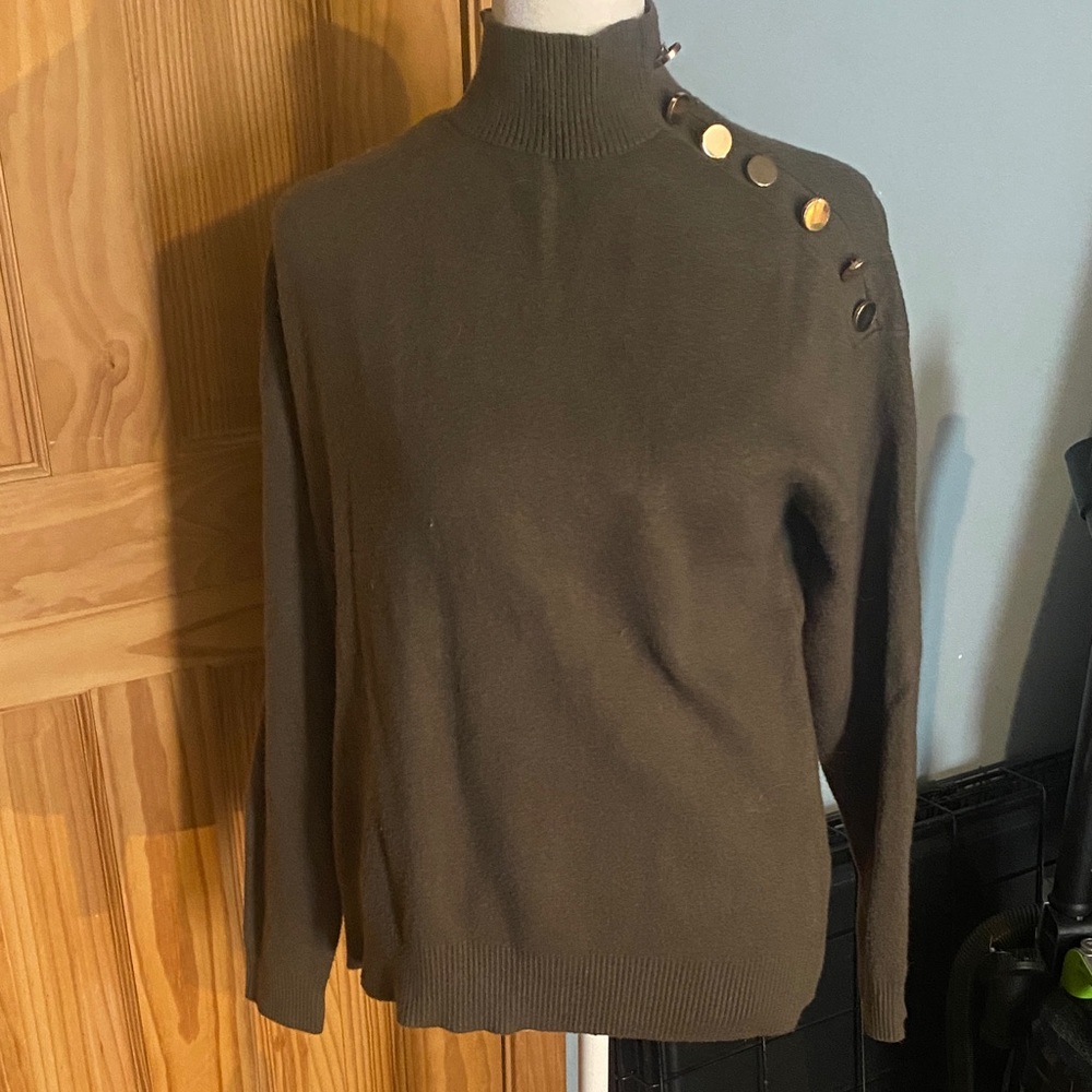 Olive Turtleneck Sweater with Button Detail